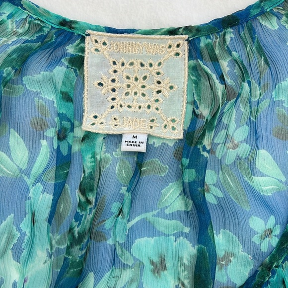 Johnny Was Sheer Blue Green 3/4 Sleeve Blouse - Picture 13 of 16